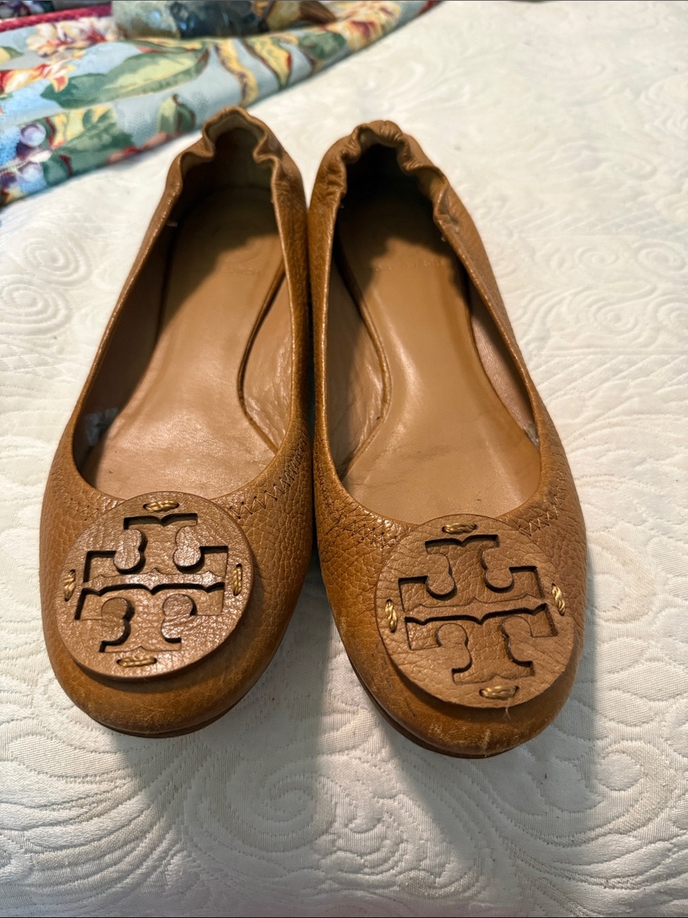 Tory Burch Cognac Brown Leather Logo Ballet Flats